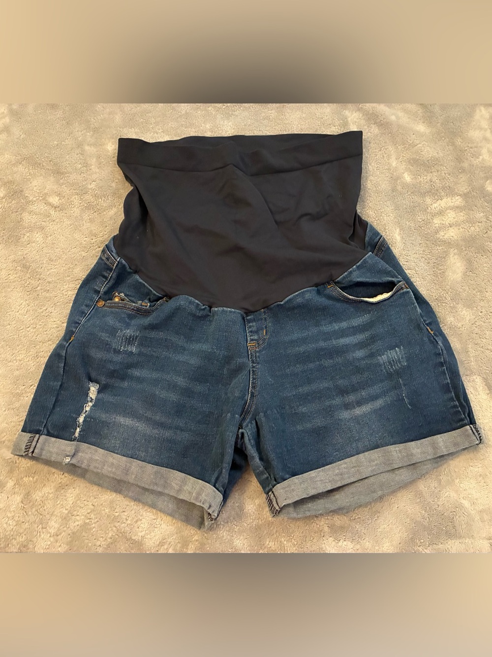 Maternity Dark Blue Denim Roll-Cuff Shorts with Black Waistband Size X-Large